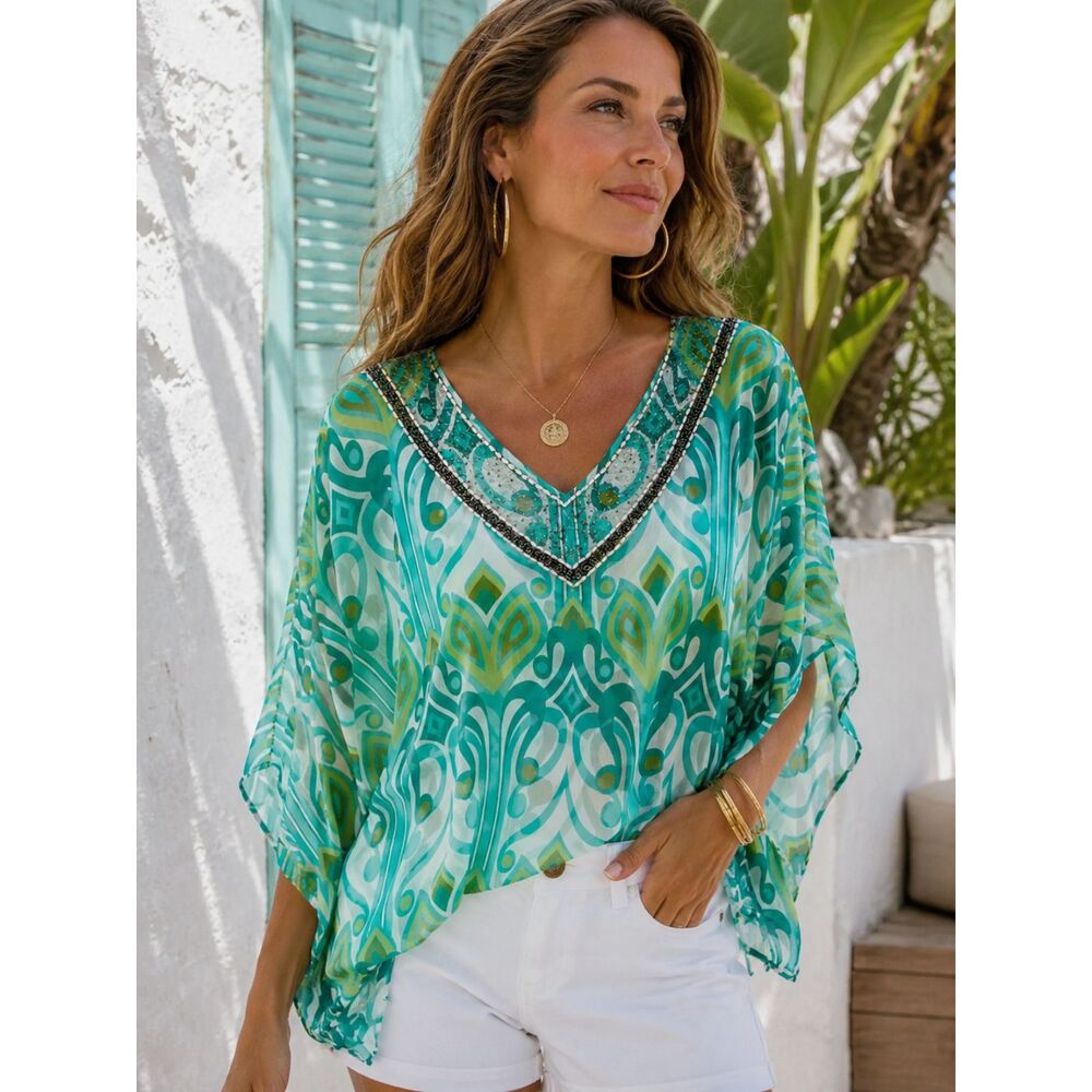 Chico's Sheer Kaftan Blouse Small Aqua Beaded Tunic Boho Coastal Resort Top
